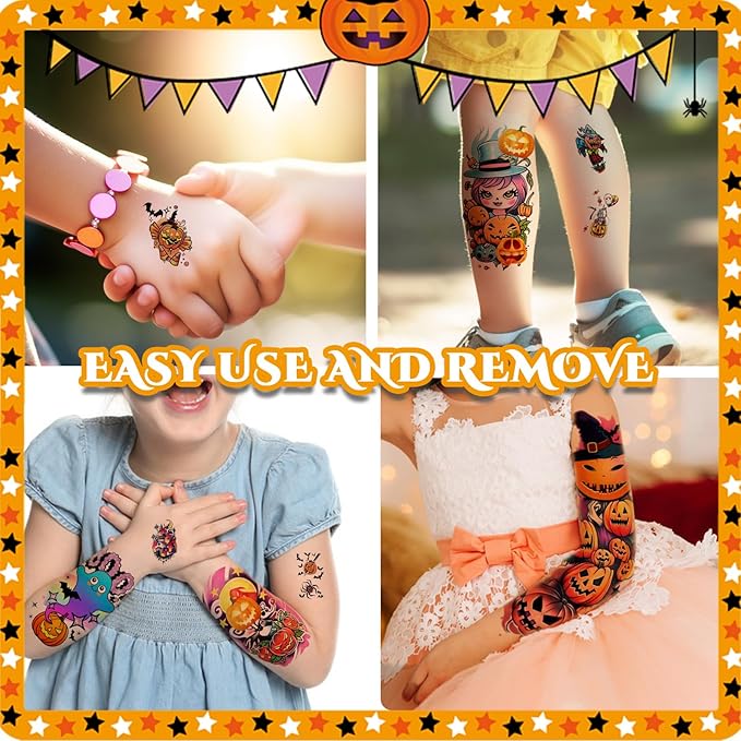 Kids Full Arm Temporary Tattoo, 52 Sheets Halloween Fake Tattoos Realistic for Boys Girls Halloween Party Favors, Pumpkin Ghost Reaper Bat Vampire Coffin Witch Rainbow Cat Spaceship Lasting Tattoos