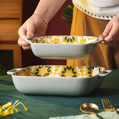 ONCCI Ceramic Baking Dish Set, 2-Piece Hand-painted Porcelain Rectangular