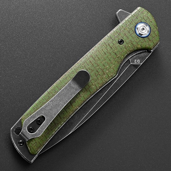 Eafengrow EF973 Folding Knife, D2 Steel Blade Micarta Handle Scale Pocket Knife Folder for Working Camping Hiking EDC Tool Knife（army green