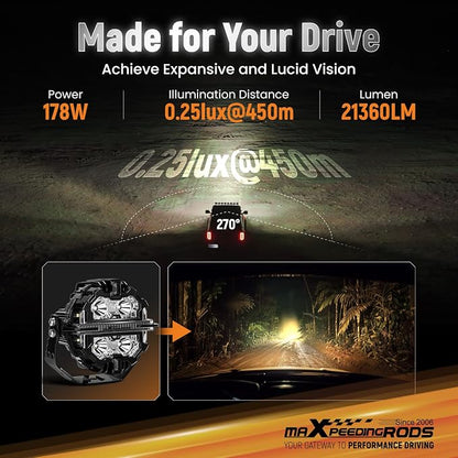 maXpeedingrods Round LED Off Road Lights 5" 178W 21360LM Fog Lights with Amber/White DRL, LED Light Bar 270°Side Shooter for Trucks SUV Pickup ATV UTV Motorcycles, with 4 Black Light Covers