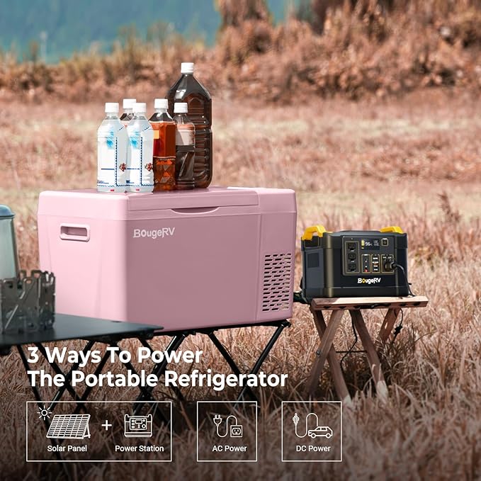 BougeRV Pink 23Quart Portable Refrigerator, 12 Volt Fridge 22L, Portable Freezer Compressor Cooler 12/24V DC 110~240 Volt AC for Truck Van RV Camper -8℉~50℉