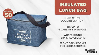 DISCOUNT PROMOS Custom Insulated Cooler Lunch Bag Set of 50, Personalized Bulk Pack - Perfect for Work, Travel, Outdoor Events - Blue