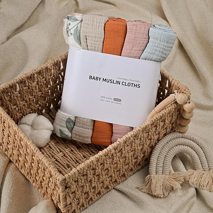 Muslin Receiving Blankets, Neutral Blanket Swaddling for Newborn Boys and Girls, 5 Pack Breathable and Skin-Friendly Swaddle Wrap for Infant Baby (Gentle Colors)