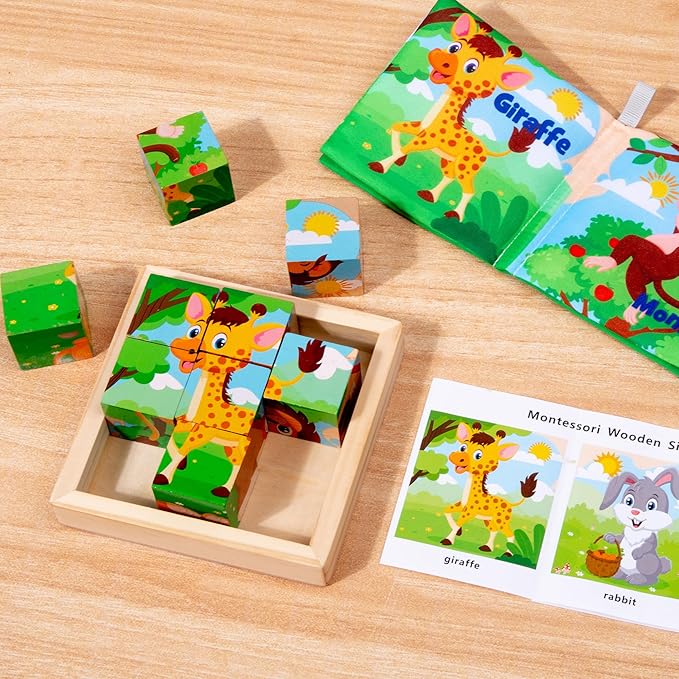 Wooden Animals Block Puzzles for Kids, Puzzles for Ages 2-4 with Book, Jigsaw Puzzles Preschool Learning Educational Toys Gift for Boys Girls, Wood Farm Cube Puzzles for Toddlers 2 3 4 5 6 Years Old