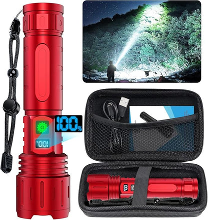Flashlights High Lumens Rechargeable - 1500 Meters Long Beam Super Bright LED Flash Light with Power Display & IPX5 Waterproof for Camping, 20H Runtime,5 Modes,Zoomable Handheld Flashlight -Red