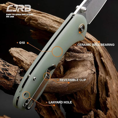 CJRB Feldspar Pocket Folding Knife Stonewash AR-RPM9 Steel Blade G10 Tactical Handle EDC Knives Green-Large (J1912)