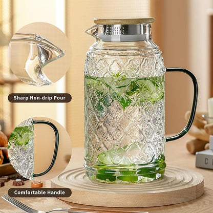 Buaic Glass Pitcher with Lid, 2 PACK 68 oz/2 Liter Vintage Water Pitcher With