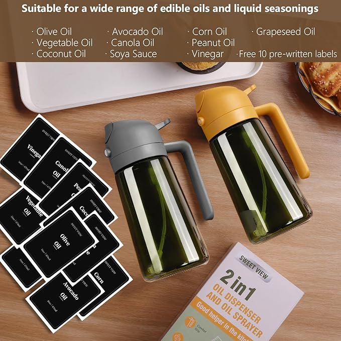 SWEET VIEW 2PCS Olive Oil Dispenser and Oil Sprayer – 16oz/470ml Glass