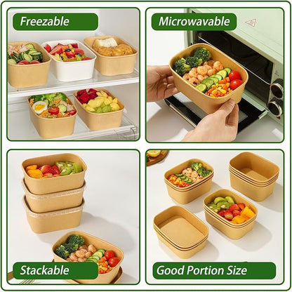 DI QIU REN 50-Pack 25oz Paper Bowls, Disposable Food Containers with Lids and Forks, Rectangular Disposable Salad Bowls for Diet Salad, Pasta (kraft Paper Rectangular, 25oz 50 Count)