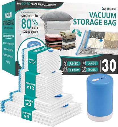 Cozy Essential 30 Pack Vacuum Storage Bags with Portable Electric Pump, Vacuum Seal Space Saver Bags for Clothing, Pillows, Blanket, Bedding, Comforter