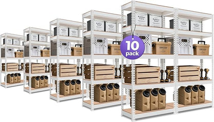 HOMEDANT 5 Tier Laminated White Boltless Metal Shelving Unit Adjustable Garage Storage Utility Rack Heavy Duty Shelves Organization Shelf Warehouse Pantry 28" W x 12.3" D x 59.5" H 10Pack