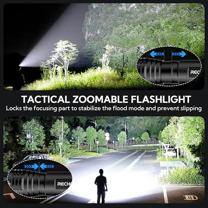 RECHOO S2000 LED Flashlight High Lumens, Super Bright, Powerful, Mid-Size Tactical Flashlight with 3 Modes, Zoomable, Water Resistant Flashlights for Home, Emergencies, Camping, Outdoor Use