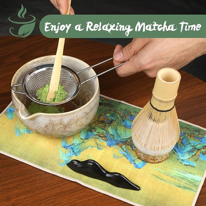 Matcha Whisk Set, 7Pcs Matcha Set Kit include Matcha Bowl, Matcha Whisk and Holder, Bamboo Scoop, Scoop Rest, Sifter and Tea Towel, Matcha Whisk and Bowl Set for Matcha Lovers and Beginers