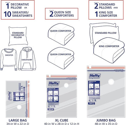 Hefty Shrink-Pak Starter Kit - 2 Large, 1 XL Cube, 1 Jumbo Vacuum Seal Storage Bag and Hand Pump – Space Saver Bags for Clothing, Pillows, Towels, or Blankets, 5 Pc Set