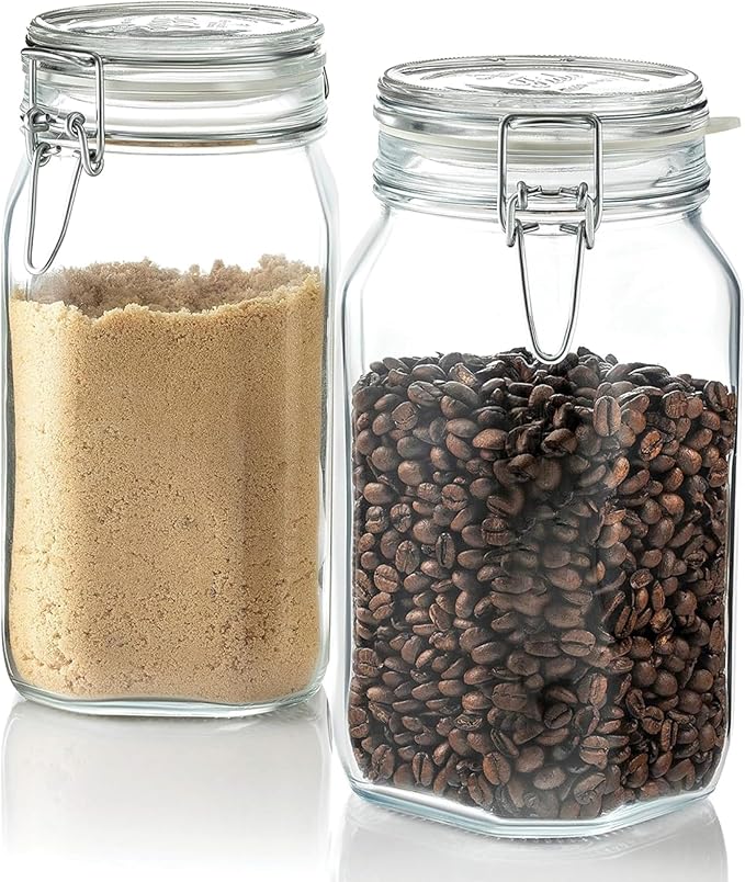Bormioli Rocco Fido Glass Jars - 50.75 oz Large Airtight Container with Clamp Lids & Rubber Seals, BPA-Free Glass Canisters for Pantry Display, Decorative Kitchen Storage, Events & Weddings (Set of 2)