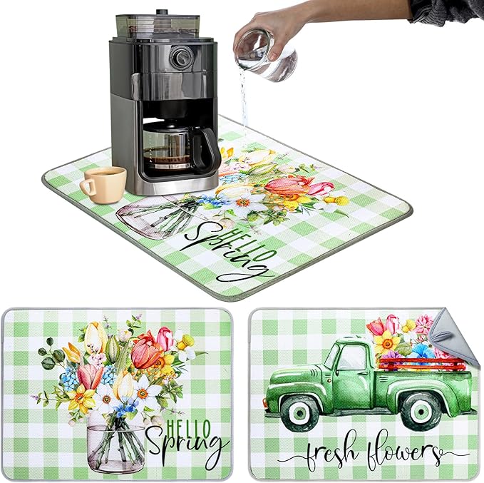 SiliFine 2 Pcs Dish Drying Mat for Kitchen, Spring Floral Absorbent Microfiber