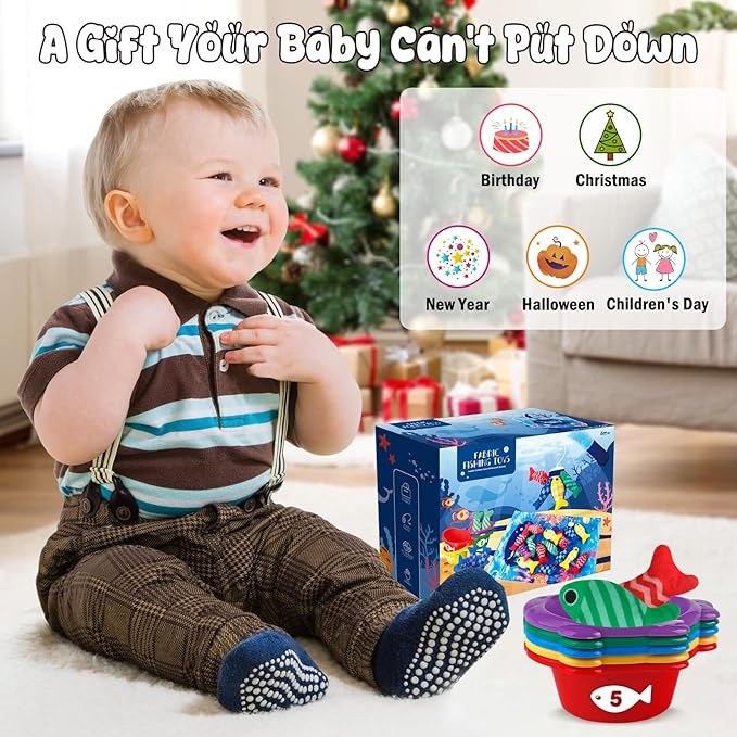Montessori Fishing Game for Toddlers 1-3, Cloth Fishing Toys for Toddlers with Stacking Cups Educational Learning Toys - Number Counting, Color Sorting, Baby Sensory Toy for 6-12 Months, Baby Gifts