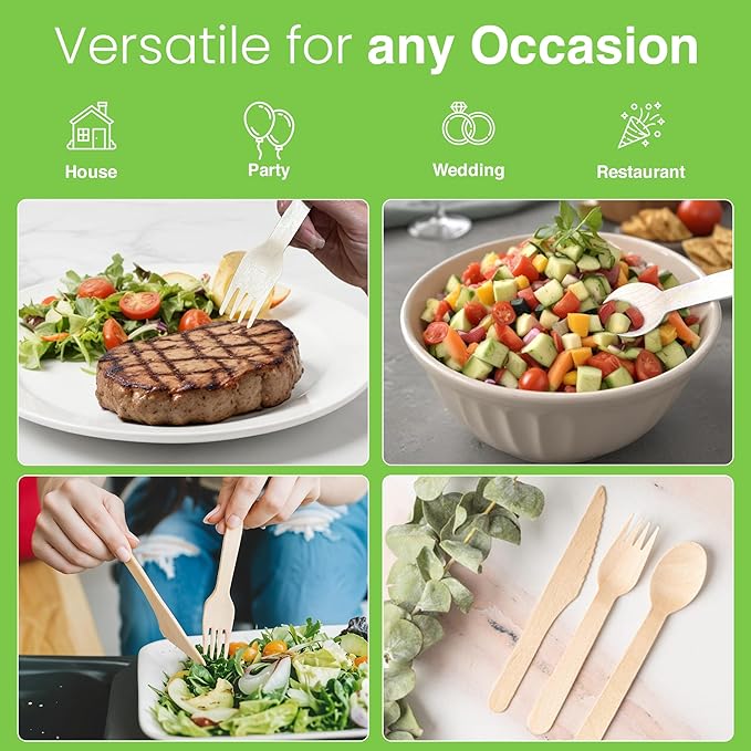 Compostable Cutlery Set - 300 PCS Wooden Utensils [120 Forks, 90 Spoons, 90 Knives] - Eco-Friendly Wooden Disposable Utensils - Compostable Forks and Spoons - Disposable Cutlery Set Party Utensils