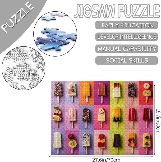 Various Types Shapes of Popsicles Jigsaw Puzzle，Cool Summer Popsicles 1000 Pieces Jigsaw Puzzles for Adults，27 x 20 Inches Puzzles ，HD Quality Colorful Puzzle Gift，Family Activity for Game Night