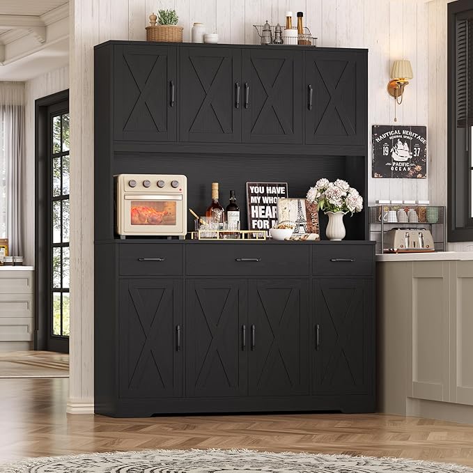 HOSTACK 71" Tall Kitchen Pantry Storage Cabinet with Charging Station, 55" Wide Kitchen Hutch Cabinet with Large Countertop, Farmhouse Food Pantry with Drawers for Living Room, Black Wood Grain
