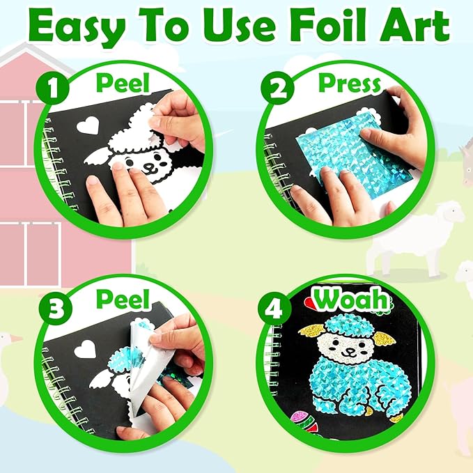 pigipigi Art Craft Activity for Kids: Foil Art Farm DIY Toy Kit, No Mess Creative Travel Supply Set, Idea Birthday Christmas Valentine Gift for Girl Boy Children 3 4 5 6 7 8 9 Year Old