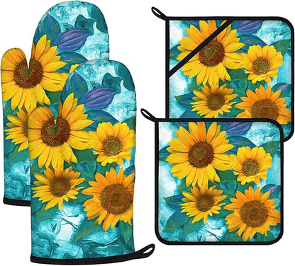 Sunflower Oven Mitts and Pot Holders Sets 4Pcs, Extra Long Oven Gloves Potholder