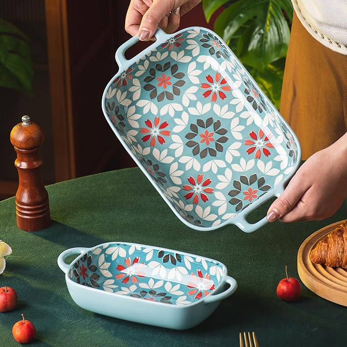 ONCCI Ceramic Baking Dish Set, 2-Piece Hand-painted Porcelain Rectangular