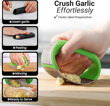 Zulay Kitchen Stainless Steel Garlic Press Rocker Set - Premium Garlic Mincer Garlic Crusher - New Innovative Garlic Crusher with Peeler and Scraper - Comfortable Grip (Green)