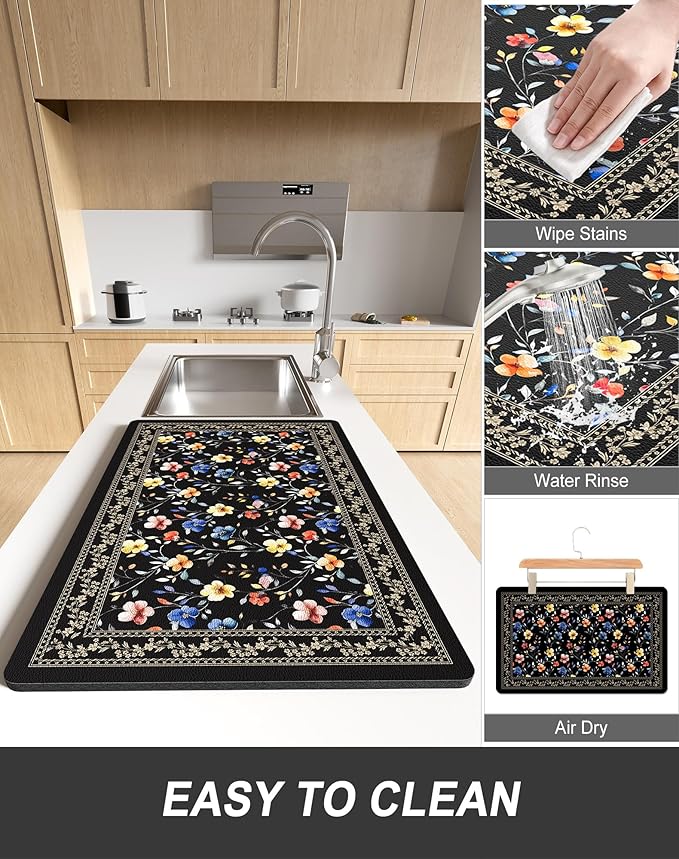Rnivvi Dish Drying Mat for Kitchen Counter, 12 x 19" Cute Flower Theme Super
