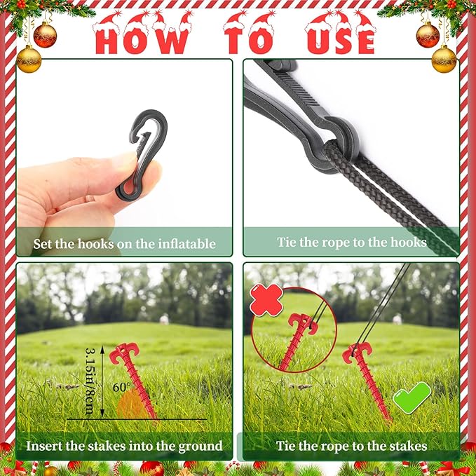 AUGSUN 27 Pieces Plastic Inflatable Stakes Set, Include Tent Stakes, Tethers Ropes and Hooks Heavy Duty Garden Yard Stakes for Christmas Outdoor Decorations (Red)