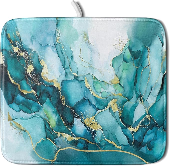 Giwawa Teal Marble Dish Drying Mat Turquoise Blue Marbling Print Dish Drainer