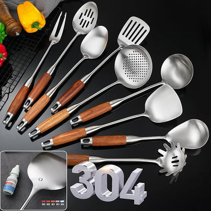 18/10 Stainless Steel Kitchen Utensils Set with Wooden Handle for Cooking 9 PCS with Solid and Slotted Spoon, Fork, Spatula, Ladle, Skimmer, Slotted Tunner, Spaghetti and Large Spoon
