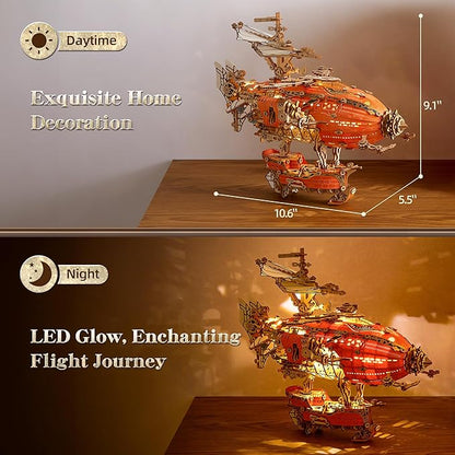 LED 3D Wood Puzzle Fantasy Airship Model - Steampunk DIY Craft Kit with LED Lights – Intricate Wooden Airship Model Building Set for Teens and Adults(Orange)