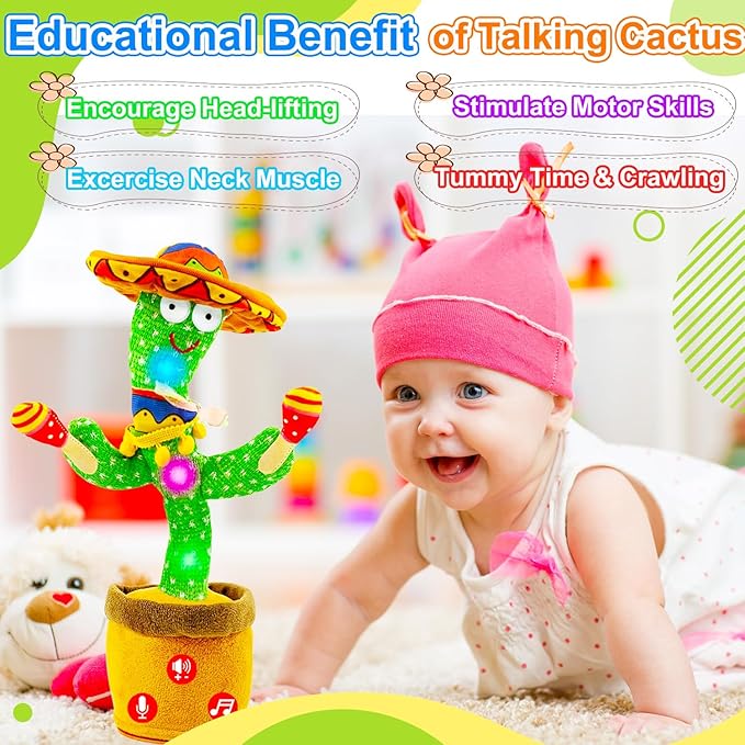 Rechargeable Dancing Talking Cactus Toy w/Volume Adjustable, Cactus Baby Toy Repeat What You Say, Baby Toys for Boys Girls, Singing Mimicking Cactus Toy, Birthday or Chirstmas Gifts for Grandkids