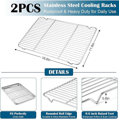E-far Baking Sheet with Wire Rack, Large Stainless Steel Cookie Sheets Pan &