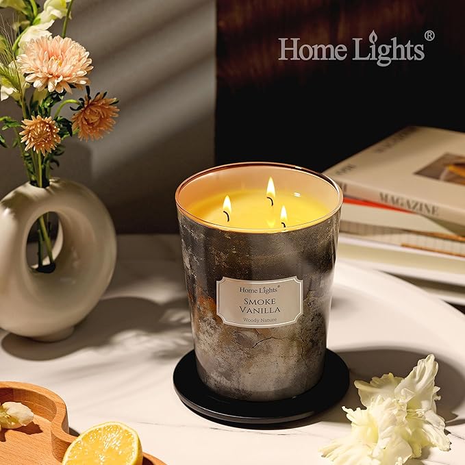 HomeLights Large jar Candle | 3-Wick Long-Lasting Scented Candles, 34oz Natural Soy Wax Candle for Home Scented, Industrial Chic Gifts for Women & Men, Smoke Vanilla