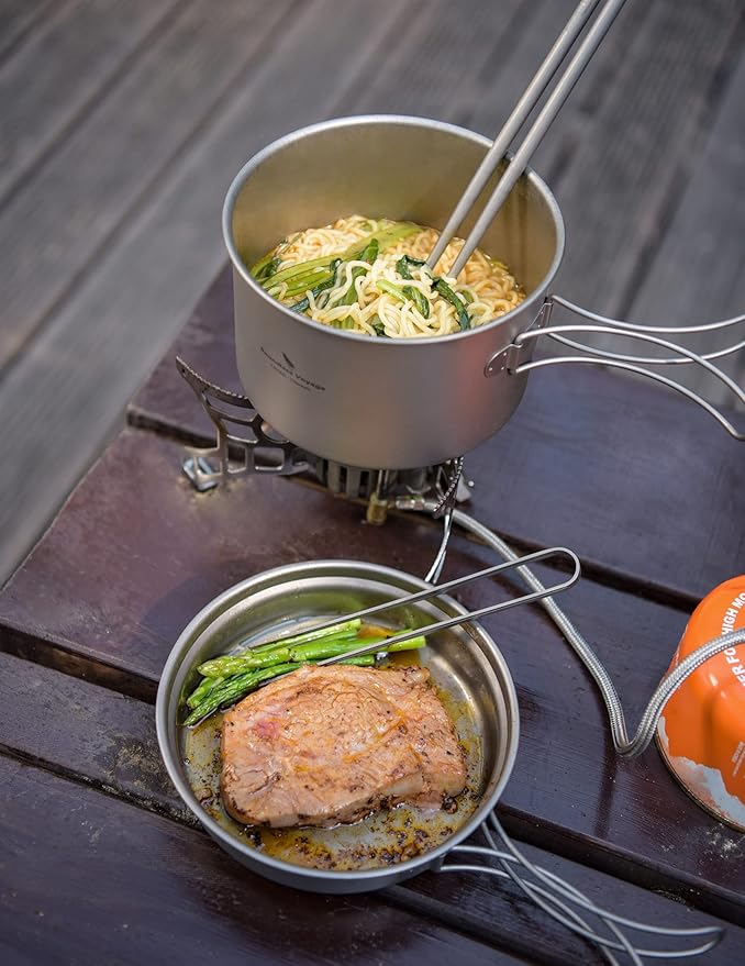 Boundless Voyage Outdoor Titanium Pot with Pan Set with Collapsible Folding Handle for Outdoor Camping Cooking Hiking Backpacking Portable Cookware
