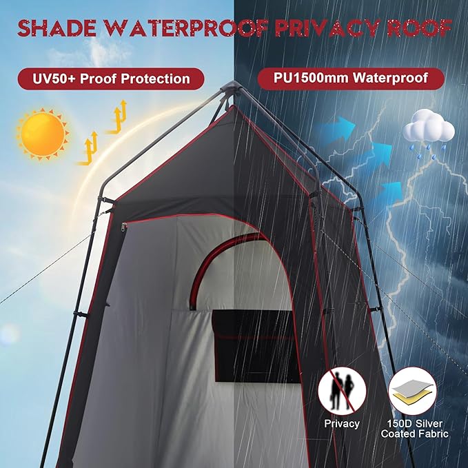 Camping Shower Tent, Portable Outdoor Privacy Shelter for Showering & Changing, 7.2 FT Easy-Setup Toilet Tent with Floor & UPF 50+, Ideal for Hiking, Fishing, Beach