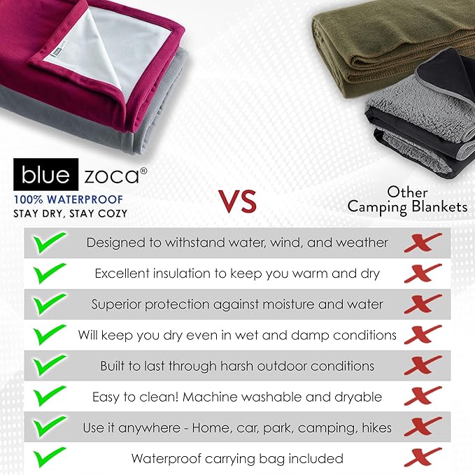 Beach Blanket Waterproof Sandproof Waterproof Blanket for Camping, Hiking, Outdoor Sporting Events, Picnics & More | Machine Washable & Pet Friendly | Travel Size - 65x50in Merlot