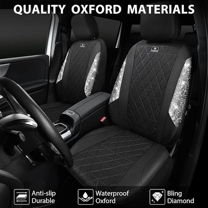 CAR PASS Oxford Bling Diamond Car Seat Covers 2 Front Interior Sets, Waterproof Shining Glitter Sparkly Crystal Universal Armrest Fit 95% Automotive Truck SUV Cute Women Girl, Black Silver Rhinestone