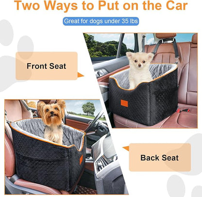 XIEEAOZEE Dog Car Seat for Small Dogs, Memory Foam Booster Dog Seat for Dogs up to 35 lbs, Elevated Pet Car Seat with Washable Removable Cover, Storage Pockets(Black/Gray)