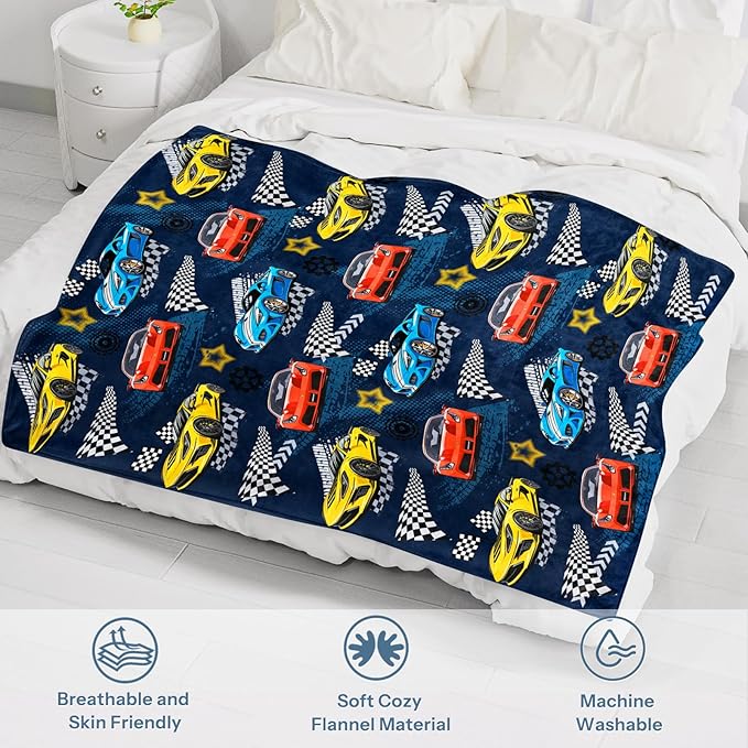 Car Blanket, Racing Car Flannel Blanket for Boys, Race Track Themed Room Decoration for Kids, Soft Cozy Gifts for Game Lover 50 * 60 Inches