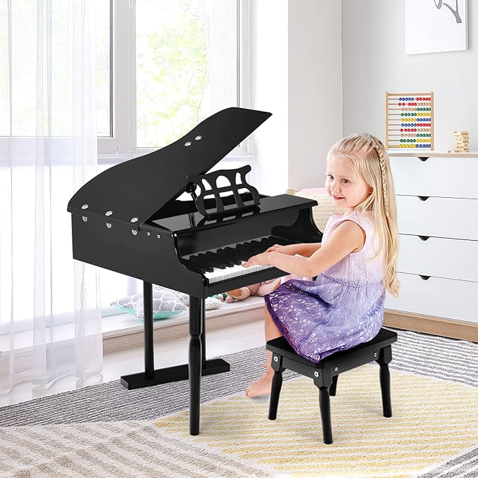 HONEY JOY Classical Kids Piano, 30-Key Mini Grand Piano with Music Stand and Bench, Wooden Musical Instrument Toy w/Lid & Music Rack, Gift for Boys Girls Ages 3+ (3 Straight Leg-Black)