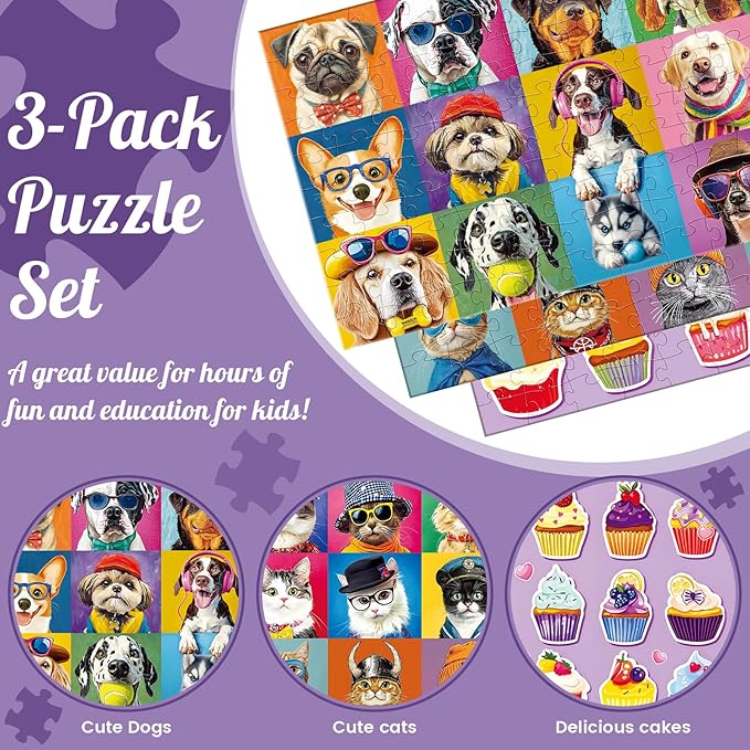 3-Pack 100 Piece Puzzles for Kids,Dogs Cats Cupcakes Puzzle for Kids Age 4-6 6-8 8-10,Unique Large Piece Animals Jigsaw Puzzle,Recycled Paper,Bright & Colorful Educational Puzzle Game,Boys Girls Gift