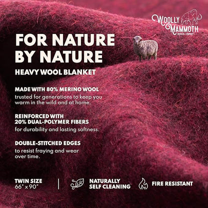 Woolly Mammoth Woolen Company Outdoor Merino Wool Throw Blanket - 66 x 90 in, Large, Burgundy - Heavy Thermal Camping Blankets - Breathable Wool Throw