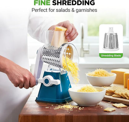 NutriChef 3 in 1 Cheese Grater & Shredder | Strong Suction Base, Rotary Handle