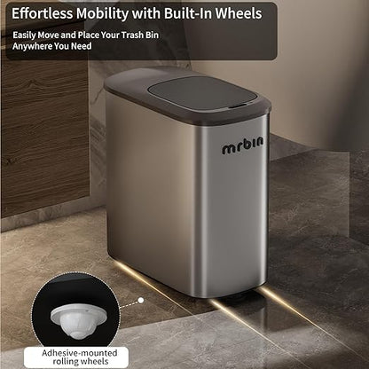 MRBIN Stainless Steel Motion Sensor Bathroom Trash Can, 10L / 2.6gal Slim Smart