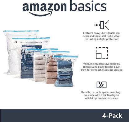 Amazon Basics Vacuum Compression Space Saving Storage Bags with Hand Pump for Clothes Packing, Ideal for Blankets, X-Jumbo Pack of 4