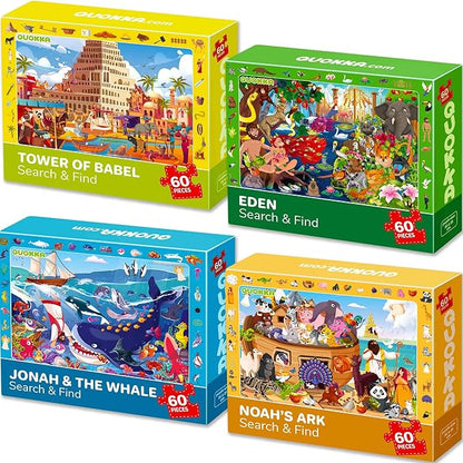 QUOKKA 60 Piece Kids Puzzles Ages 5-8 - Set of 4 Bible Jigsaw Puzzles for Kids 4-6-10 Year Old - Tower of Babel - Noah`s Ark - Eden Toys for Children 5-7 yo - Christian Gifts for Boys & Girls