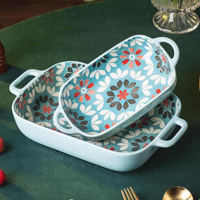 ONCCI Ceramic Baking Dish Set, 2-Piece Hand-painted Porcelain Rectangular